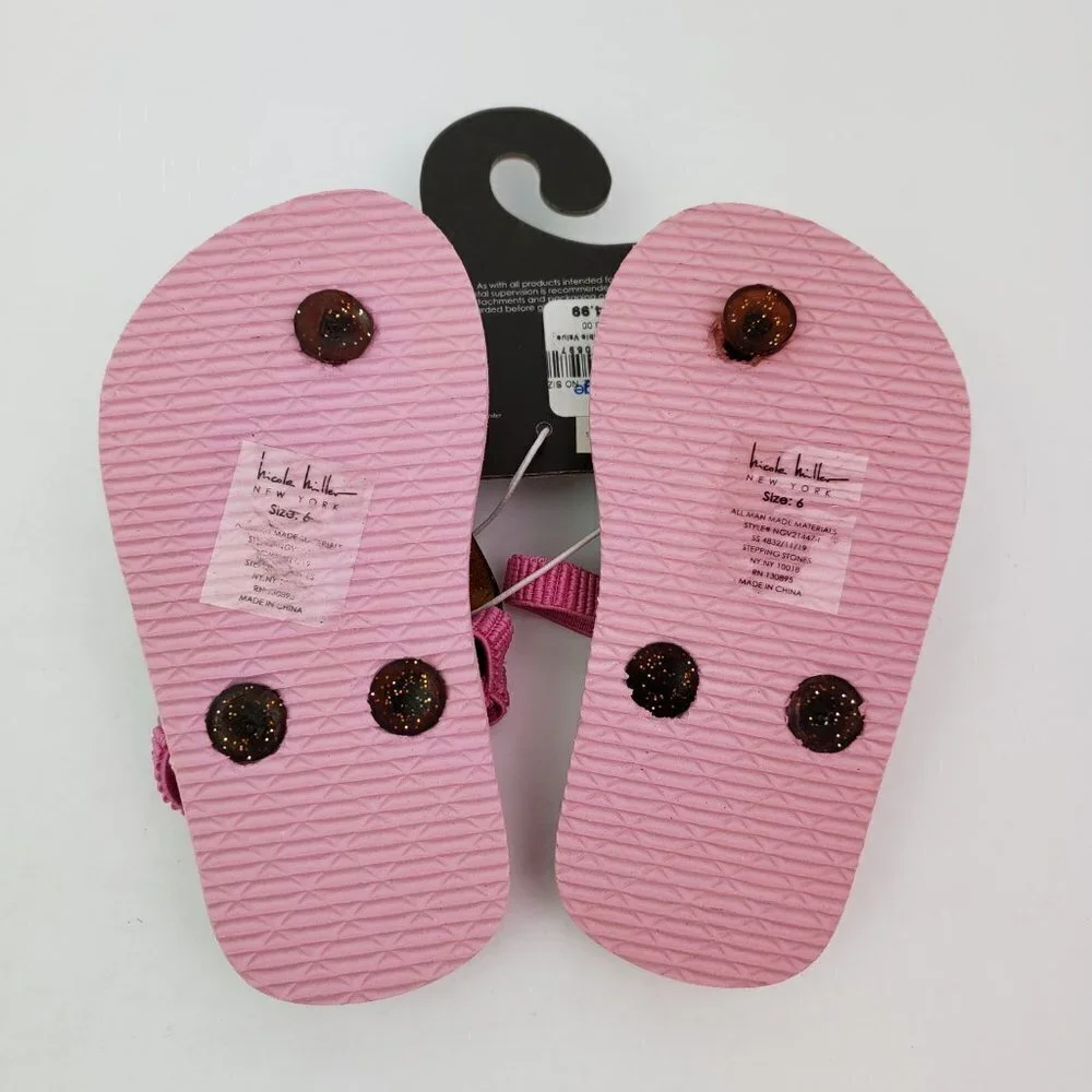 Nicole Miller New York Baby Girls Sz 6 Pink Unicorn Back Strap Flip Flop Sandals
